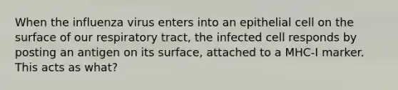 When the influenza virus enters into an epithelial cell on the surface of our respiratory tract, the infected cell responds by posting an antigen on its surface, attached to a MHC-I marker. This acts as what?