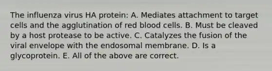 The influenza virus HA protein: A. Mediates attachment to target cells and the agglutination of red blood cells. B. Must be cleaved by a host protease to be active. C. Catalyzes the fusion of the viral envelope with the endosomal membrane. D. Is a glycoprotein. E. All of the above are correct.