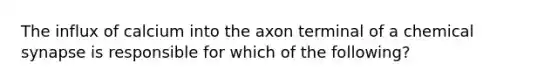 The influx of calcium into the axon terminal of a chemical synapse is responsible for which of the following?