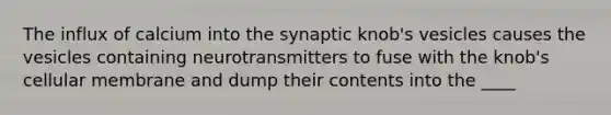 The influx of calcium into the synaptic knob's vesicles causes the vesicles containing neurotransmitters to fuse with the knob's cellular membrane and dump their contents into the ____