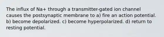 The influx of Na+ through a transmitter-gated ion channel causes the postsynaptic membrane to a) fire an action potential. b) become depolarized. c) become hyperpolarized. d) return to resting potential.