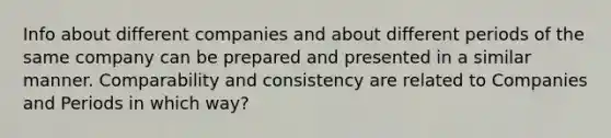 Info about different companies and about different periods of the same company can be prepared and presented in a similar manner. Comparability and consistency are related to Companies and Periods in which way?