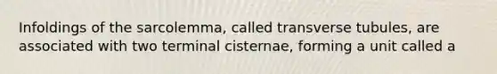 Infoldings of the sarcolemma, called transverse tubules, are associated with two terminal cisternae, forming a unit called a