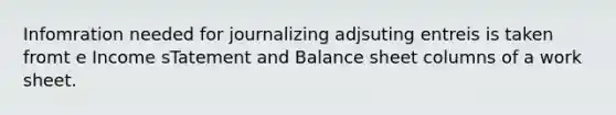 Infomration needed for journalizing adjsuting entreis is taken fromt e Income sTatement and Balance sheet columns of a work sheet.