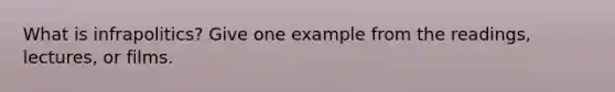 What is infrapolitics? Give one example from the readings, lectures, or films.