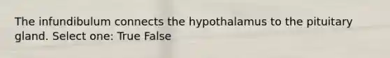 The infundibulum connects the hypothalamus to the pituitary gland. Select one: True False