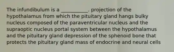 The infundibulum is a ___________. projection of the hypothalamus from which the pituitary gland hangs bulky nucleus composed of the paraventricular nucleus and the supraoptic nucleus portal system between the hypothalamus and the pituitary gland depression of the sphenoid bone that protects the pituitary gland mass of endocrine and neural cells