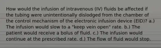 How would the infusion of intravenous (IV) fluids be affected if the tubing were unintentionally dislodged from the chamber of the control mechanism of the electronic infusion device (EID)? a.) The infusion would slow to a "keep vein open" rate. b.) The patient would receive a bolus of fluid. c.) The infusion would continue at the prescribed rate. d.) The flow of fluid would stop.