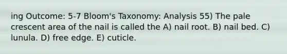 ing Outcome: 5-7 Bloom's Taxonomy: Analysis 55) The pale crescent area of the nail is called the A) nail root. B) nail bed. C) lunula. D) free edge. E) cuticle.