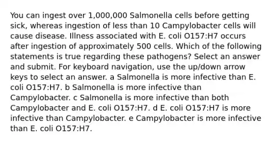 You can ingest over 1,000,000 Salmonella cells before getting sick, whereas ingestion of <a href='https://www.questionai.com/knowledge/k7BtlYpAMX-less-than' class='anchor-knowledge'>less than</a> 10 Campylobacter cells will cause disease. Illness associated with E. coli O157:H7 occurs after ingestion of approximately 500 cells. Which of the following statements is true regarding these pathogens? Select an answer and submit. For keyboard navigation, use the up/down arrow keys to select an answer. a Salmonella is more infective than E. coli O157:H7. b Salmonella is more infective than Campylobacter. c Salmonella is more infective than both Campylobacter and E. coli O157:H7. d E. coli O157:H7 is more infective than Campylobacter. e Campylobacter is more infective than E. coli O157:H7.