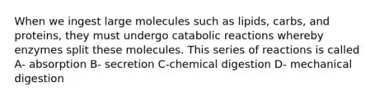 When we ingest large molecules such as lipids, carbs, and proteins, they must undergo catabolic reactions whereby enzymes split these molecules. This series of reactions is called A- absorption B- secretion C-chemical digestion D- mechanical digestion