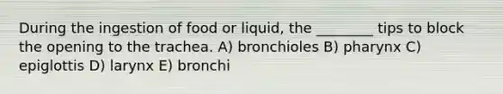 During the ingestion of food or liquid, the ________ tips to block the opening to the trachea. A) bronchioles B) pharynx C) epiglottis D) larynx E) bronchi