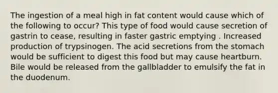 The ingestion of a meal high in fat content would cause which of the following to occur? This type of food would cause secretion of gastrin to cease, resulting in faster gastric emptying . Increased production of trypsinogen. The acid secretions from the stomach would be sufficient to digest this food but may cause heartburn. Bile would be released from the gallbladder to emulsify the fat in the duodenum.