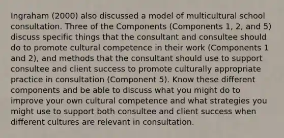 Ingraham (2000) also discussed a model of multicultural school consultation. Three of the Components (Components 1, 2, and 5) discuss specific things that the consultant and consultee should do to promote cultural competence in their work (Components 1 and 2), and methods that the consultant should use to support consultee and client success to promote culturally appropriate practice in consultation (Component 5). Know these different components and be able to discuss what you might do to improve your own cultural competence and what strategies you might use to support both consultee and client success when different cultures are relevant in consultation.