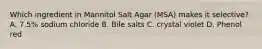 Which ingredient in Mannitol Salt Agar (MSA) makes it selective? A. 7.5% sodium chloride B. Bile salts C. crystal violet D. Phenol red