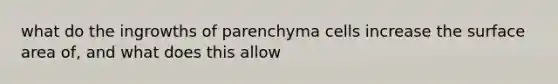 what do the ingrowths of parenchyma cells increase the surface area of, and what does this allow