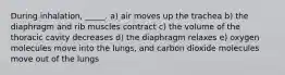 During inhalation, _____. a) air moves up the trachea b) the diaphragm and rib muscles contract c) the volume of the thoracic cavity decreases d) the diaphragm relaxes e) oxygen molecules move into the lungs, and carbon dioxide molecules move out of the lungs