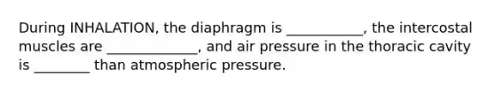 During INHALATION, the diaphragm is ___________, the intercostal muscles are _____________, and air pressure in the thoracic cavity is ________ than atmospheric pressure.