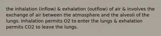 the inhalation (inflow) & exhalation (outflow) of air & involves the exchange of air between the atmosphere and the alveoli of the lungs. Inhalation permits O2 to enter the lungs & exhalation permits CO2 to leave the lungs.