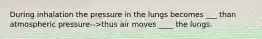 During inhalation the pressure in the lungs becomes ___ than atmospheric pressure-->thus air moves ____ the lungs.