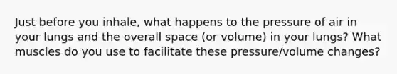 Just before you inhale, what happens to the pressure of air in your lungs and the overall space (or volume) in your lungs? What muscles do you use to facilitate these pressure/volume changes?