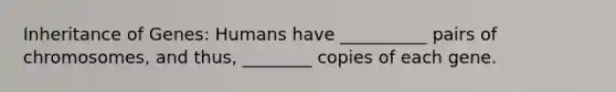 Inheritance of Genes: Humans have __________ pairs of chromosomes, and thus, ________ copies of each gene.