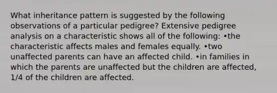 What inheritance pattern is suggested by the following observations of a particular pedigree? Extensive pedigree analysis on a characteristic shows all of the following: •the characteristic affects males and females equally. •two unaffected parents can have an affected child. •in families in which the parents are unaffected but the children are affected, 1/4 of the children are affected.