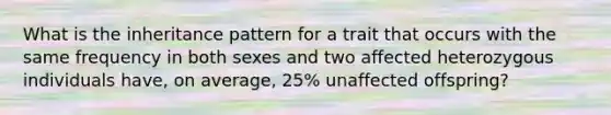 What is the inheritance pattern for a trait that occurs with the same frequency in both sexes and two affected heterozygous individuals have, on average, 25% unaffected offspring?