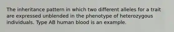 The inheritance pattern in which two different alleles for a trait are expressed unblended in the phenotype of heterozygous individuals. Type AB human blood is an example.