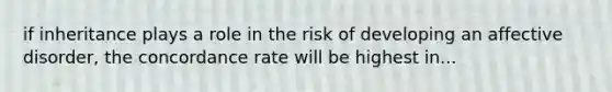 if inheritance plays a role in the risk of developing an affective disorder, the concordance rate will be highest in...