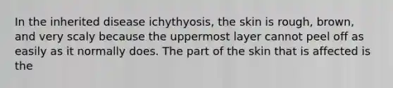 In the inherited disease ichythyosis, the skin is rough, brown, and very scaly because the uppermost layer cannot peel off as easily as it normally does. The part of the skin that is affected is the