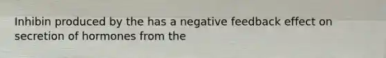 Inhibin produced by the has a negative feedback effect on secretion of hormones from the