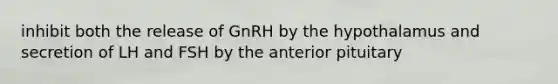 inhibit both the release of GnRH by the hypothalamus and secretion of LH and FSH by the anterior pituitary