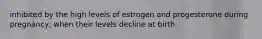 inhibited by the high levels of estrogen and progesterone during pregnancy, when their levels decline at birth