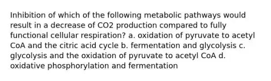 Inhibition of which of the following metabolic pathways would result in a decrease of CO2 production compared to fully functional cellular respiration? a. oxidation of pyruvate to acetyl CoA and the citric acid cycle b. fermentation and glycolysis c. glycolysis and the oxidation of pyruvate to acetyl CoA d. oxidative phosphorylation and fermentation