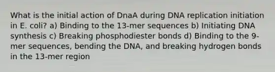 What is the initial action of DnaA during DNA replication initiation in E. coli? a) Binding to the 13-mer sequences b) Initiating DNA synthesis c) Breaking phosphodiester bonds d) Binding to the 9-mer sequences, bending the DNA, and breaking hydrogen bonds in the 13-mer region