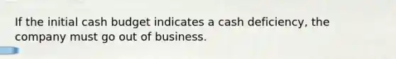 If the initial <a href='https://www.questionai.com/knowledge/k5eyRVQLz3-cash-budget' class='anchor-knowledge'>cash budget</a> indicates a cash deficiency, the company must go out of business.