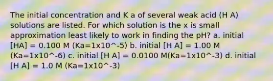 The initial concentration and K a of several weak acid (H A) solutions are listed. For which solution is the x is small approximation least likely to work in finding the pH? a. initial [HA] = 0.100 M (Ka=1x10^-5) b. initial [H A] = 1.00 M (Ka=1x10^-6) c. initial [H A] = 0.0100 M(Ka=1x10^-3) d. initial [H A] = 1.0 M (Ka=1x10^-3)