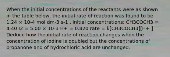 When the initial concentrations of the reactants were as shown in the table below, the initial rate of reaction was found to be 1.24 × 10-4 mol dm-3 s-1 . initial concentrations: CH3COCH3 = 4.40 I2 = 5.00 × 10-3 H+ = 0.820 rate = k[CH3COCH3][H+ ] Deduce how the initial rate of reaction changes when the concentration of iodine is doubled but the concentrations of propanone and of hydrochloric acid are unchanged.