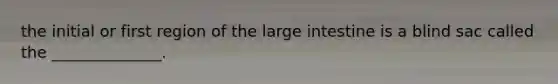 the initial or first region of the <a href='https://www.questionai.com/knowledge/kGQjby07OK-large-intestine' class='anchor-knowledge'>large intestine</a> is a blind sac called the ______________.