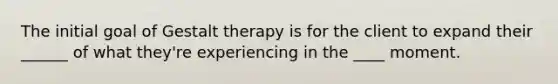 The initial goal of Gestalt therapy is for the client to expand their ______ of what they're experiencing in the ____ moment.