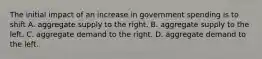 The initial impact of an increase in government spending is to shift A. aggregate supply to the right. B. aggregate supply to the left. C. aggregate demand to the right. D. aggregate demand to the left.