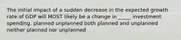 The initial impact of a sudden decrease in the expected growth rate of GDP will MOST likely be a change in _____ investment spending. planned unplanned both planned and unplanned neither planned nor unplanned