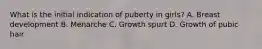 What is the initial indication of puberty in girls? A. Breast development B. Menarche C. Growth spurt D. Growth of pubic hair