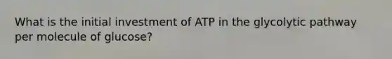 What is the initial investment of ATP in the glycolytic pathway per molecule of glucose?