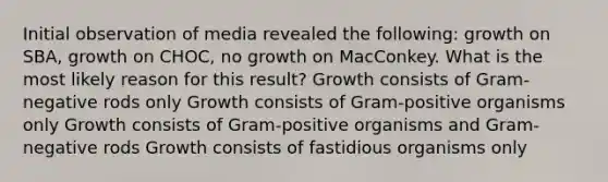 Initial observation of media revealed the following: growth on SBA, growth on CHOC, no growth on MacConkey. What is the most likely reason for this result? Growth consists of Gram-negative rods only Growth consists of Gram-positive organisms only Growth consists of Gram-positive organisms and Gram-negative rods Growth consists of fastidious organisms only