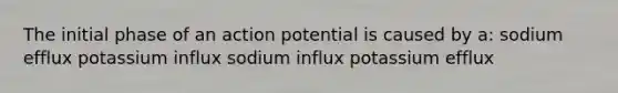 The initial phase of an action potential is caused by a: sodium efflux potassium influx sodium influx potassium efflux