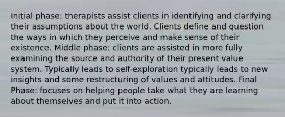 Initial phase: therapists assist clients in identifying and clarifying their assumptions about the world. Clients define and question the ways in which they perceive and make sense of their existence. Middle phase: clients are assisted in more fully examining the source and authority of their present value system. Typically leads to self-exploration typically leads to new insights and some restructuring of values and attitudes. Final Phase: focuses on helping people take what they are learning about themselves and put it into action.