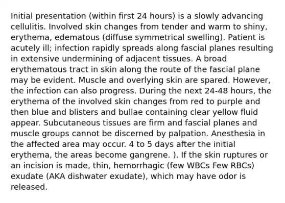 Initial presentation (within first 24 hours) is a slowly advancing cellulitis. Involved skin changes from tender and warm to shiny, erythema, edematous (diffuse symmetrical swelling). Patient is acutely ill; infection rapidly spreads along fascial planes resulting in extensive undermining of adjacent tissues. A broad erythematous tract in skin along the route of the fascial plane may be evident. Muscle and overlying skin are spared. However, the infection can also progress. During the next 24-48 hours, the erythema of the involved skin changes from red to purple and then blue and blisters and bullae containing clear yellow fluid appear. Subcutaneous tissues are firm and fascial planes and muscle groups cannot be discerned by palpation. Anesthesia in the affected area may occur. 4 to 5 days after the initial erythema, the areas become gangrene. ). If the skin ruptures or an incision is made, thin, hemorrhagic (few WBCs Few RBCs) exudate (AKA dishwater exudate), which may have odor is released.