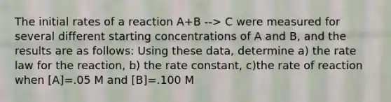 The initial rates of a reaction A+B --> C were measured for several different starting concentrations of A and B, and the results are as follows: Using these data, determine a) the rate law for the reaction, b) the rate constant, c)the rate of reaction when [A]=.05 M and [B]=.100 M